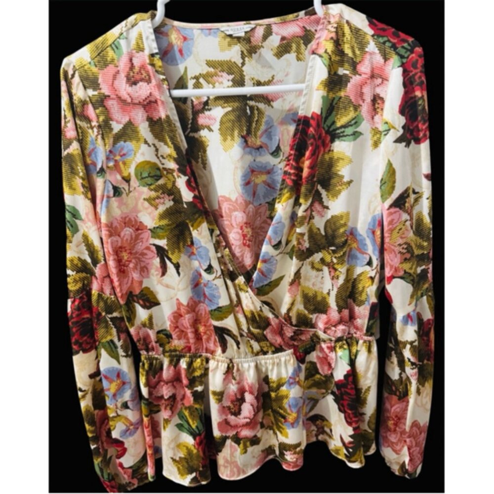 Guess long sleeve floral print blouse peplum ruffle wrap roses silky party UsS